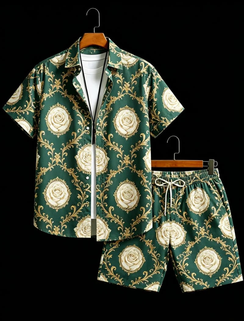 Men's Baroque Retro Printed Vacation Shirt set, Suitable For Beach Vacations And Luxurious Retro Style Outfits