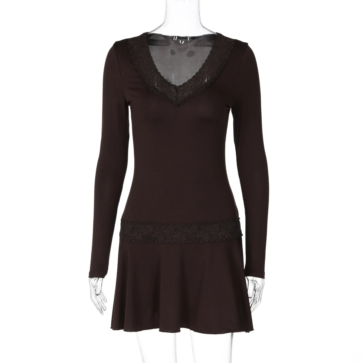 Dulzura V-Neck Long Sleeve Slim Fit Lace Patchwork Mini Dress Women'S Solid Sexy Elegant Dress Party Office Street Autumn Outfit