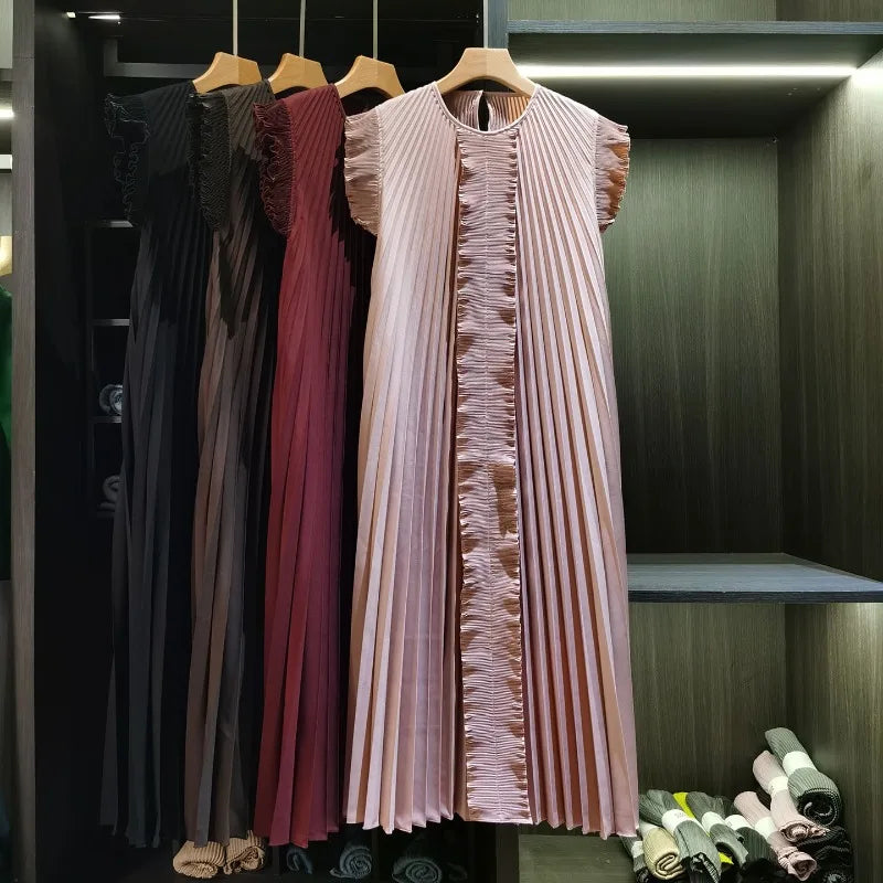 Miyake Pleated Solid Color Dresses High-End 2026 Ruffled Handmade Pleats Solid Color Fold Dress Summer Elegant Sleeveless Dress