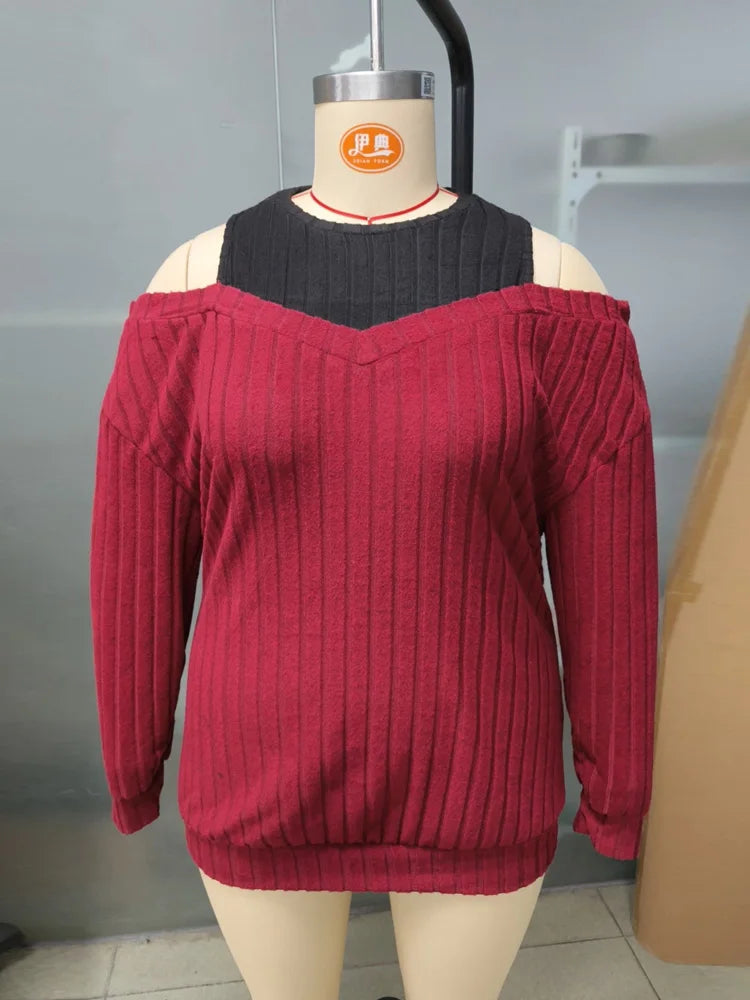 GIBSIE Plus Size Cold Shoulder 2 In 1 Rib-knit Tee Women 2025 Spring Fall Casual Loose O-Neck Long Sleeve T-Shirts Top Female