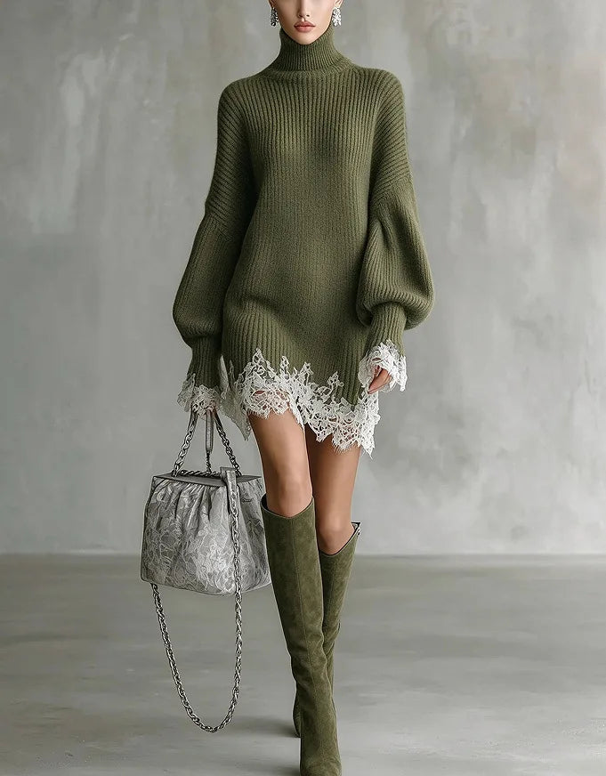 Women's Dress 2026 Spring Autumn New Solid Color Lace Patchwork Long Sleeve Loose Versatile Casual High Neck Knit Sweater Dress