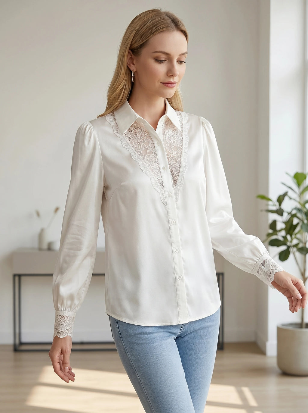 Gadinus Plus Size Women’s Satin Lace Trim Button-Up Blouse Elegant Long Sleeve Puff Cuff Shirt Regular Fit Office Chic Top