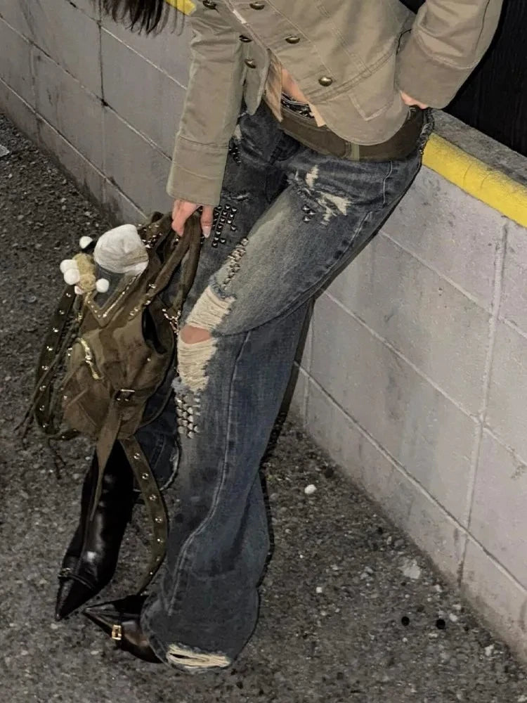 American Vintage Streetwear Full-Length Jeans Distressed Women Casual Y2k Grunge Retro Ripped Bodycon Denim Pants Hot Girl