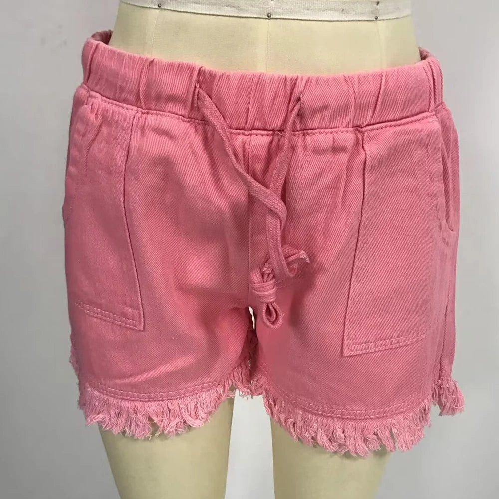 Women’s Denim Shorts Drawstring Elastic Waist Frayed Hem Short Pants Summer Casual Vintage Hottie Girls Loose Jeans with Pockets