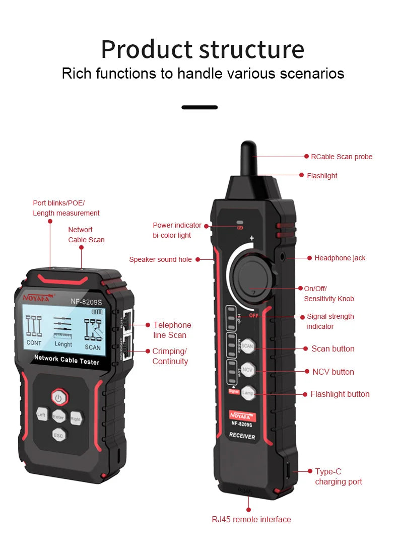Network Cable Tracker NOYAFA NF-8209S Lan Measure Tester Network Tools LCD Display Measure Length Wiremap Tester Cable Tracker