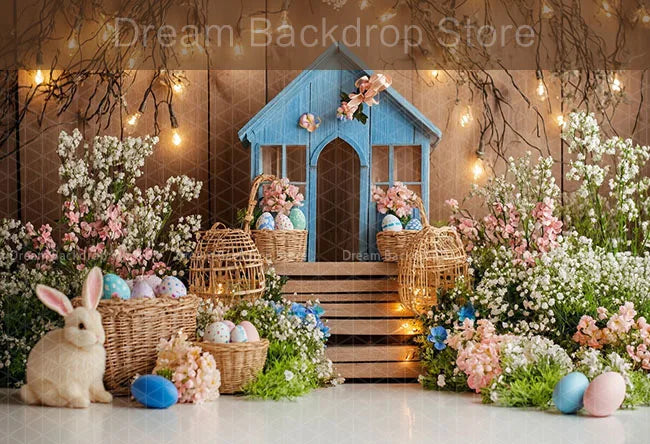 Spring Easter Background Photography Cute Rabbit Carrot Bunny Egg House Backdrop Decor for Kids Birthday Cake Smash Photo Studio