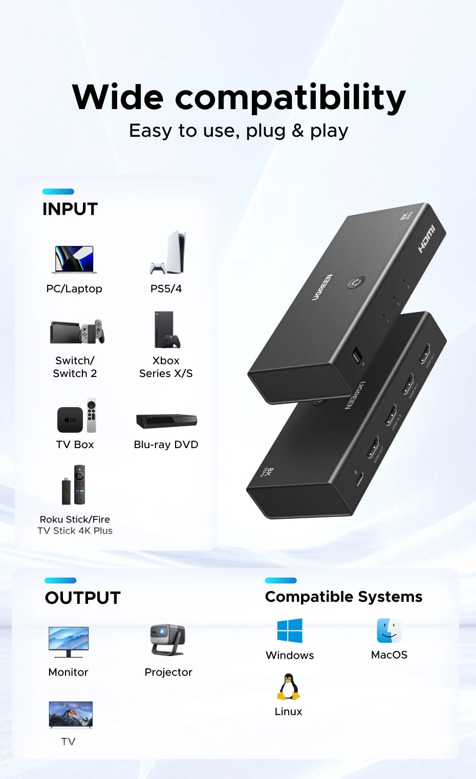UGREEN HDMI 2.1 Switcher 8K 60Hz HDMI-compatible Switch 3 in 1 Out with Remote Control Converter For Xbox PS5 Monitors