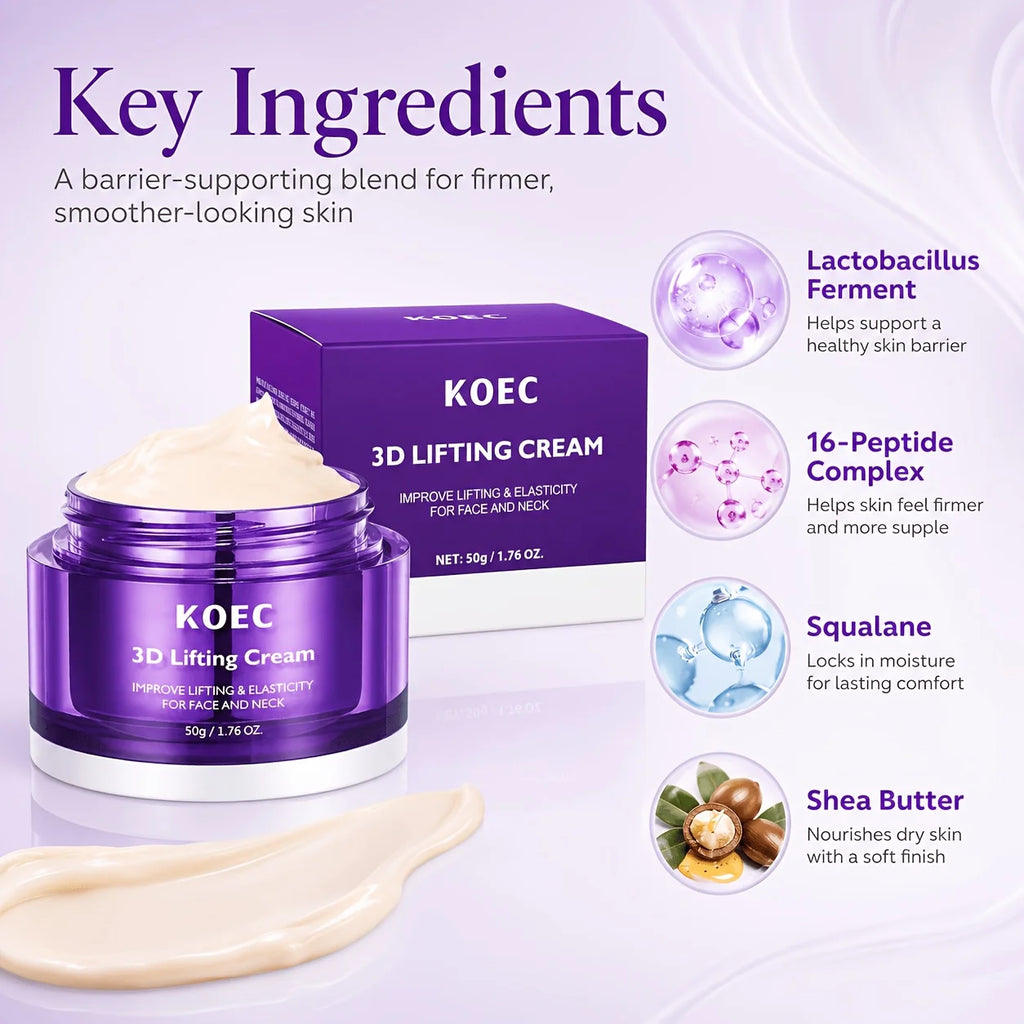 3D Lifting Cream, Firming Skin with Plant Squalane, Shea Butter & 16-Peptide Complex, Improves Uneven Skin Tone, Suitable for All Skin Types, Hydrating & Moisturizing Face Cream, 50g/1.76oz
