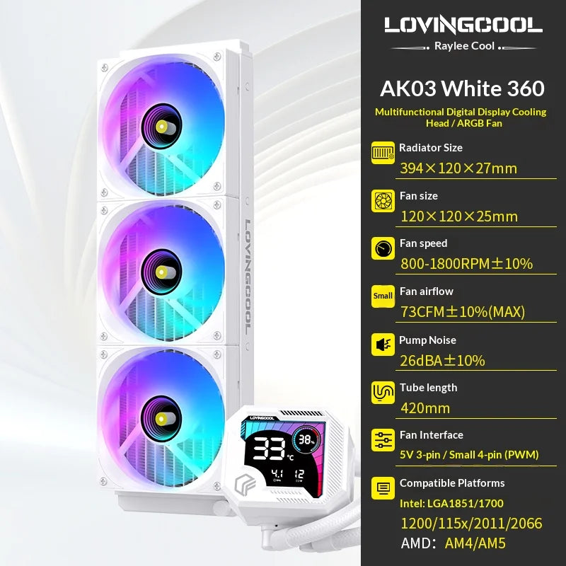 LOVINGCOOL AK Water Cooler 240mm 360mm Broken Code Screen Dynamic Digital Display Liquid Cooler ARGB Abyss Mirror Cold Radiator