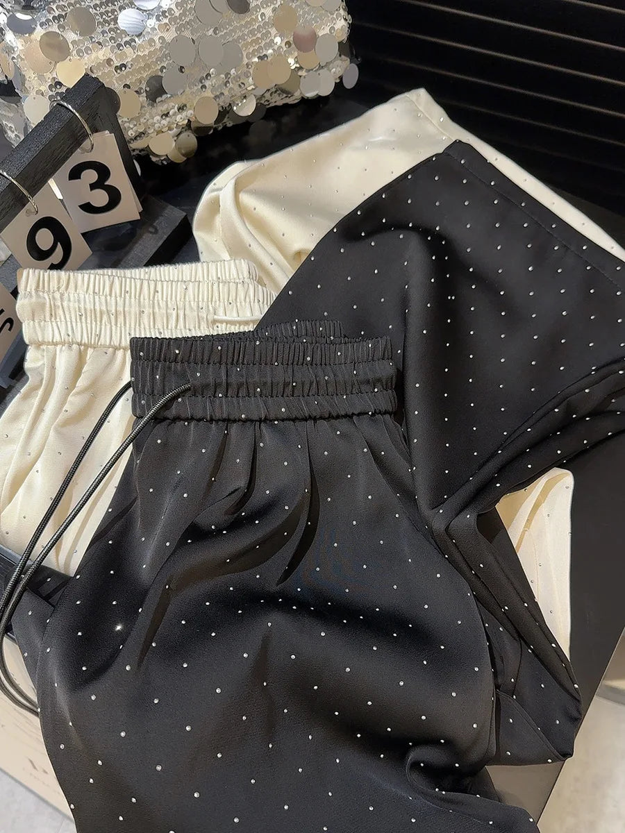 2026 High Quality Luxury Full Rhinestone Wide Leg Pants Fashion New Drawstring High Waist Straight Pants Ladies Casual Trousers