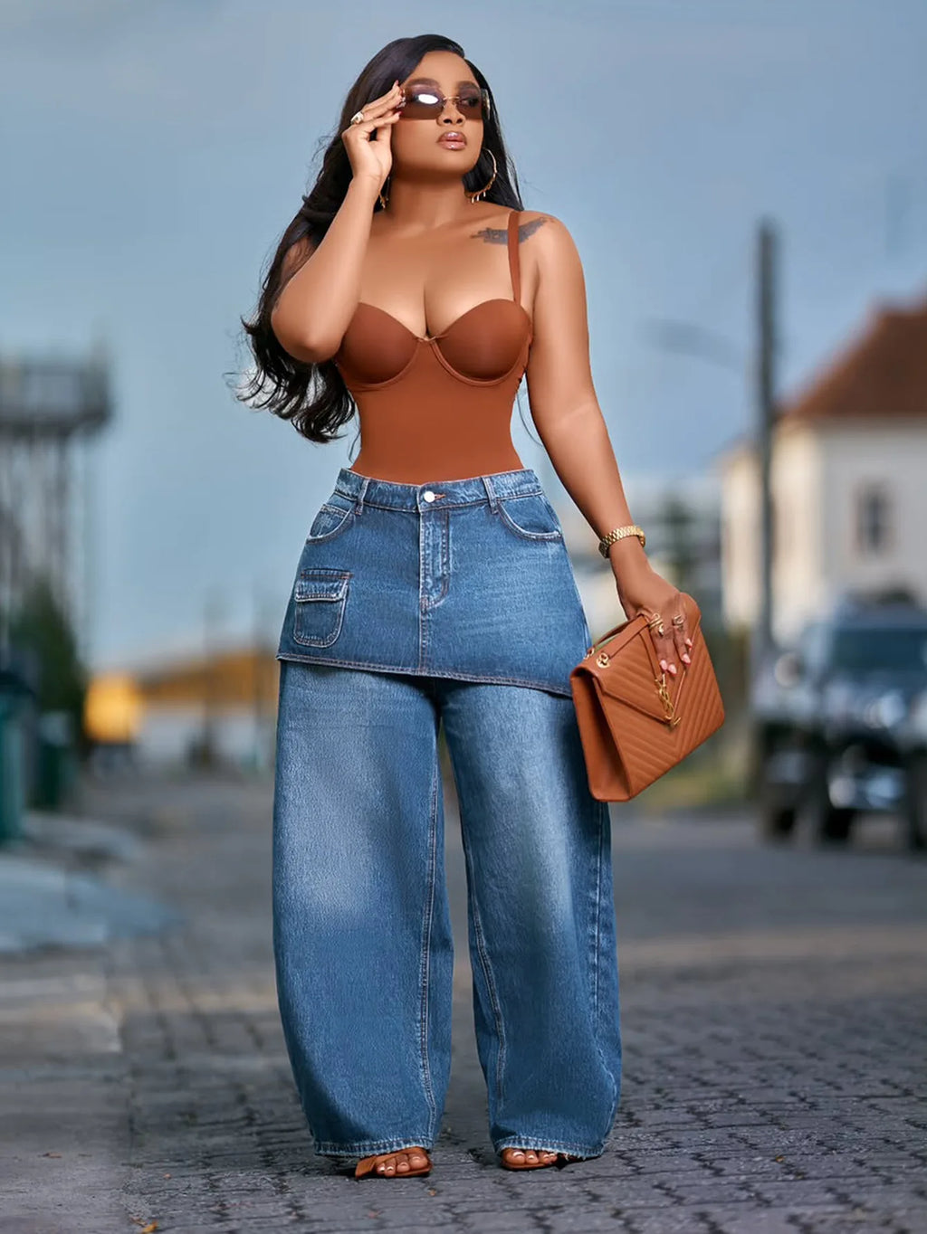 Fashion High Waist Denim Wide Leg Jeans for Women Detachable Skirt Layered Cargo Pocket Streetwear Baggy Jeans Denim Trousers