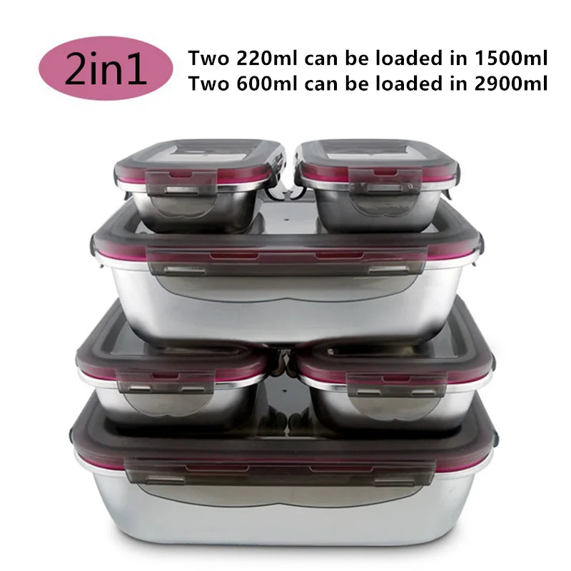 4Pcs/Set 304 Stainless Steel Lunch Box Microwave Heating Bento Box Fruit Food Sauce Fresh-keeping Box Refrigerator Container Box