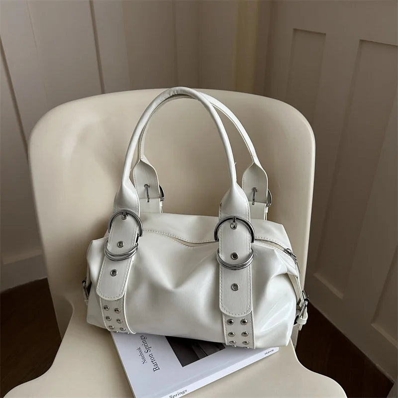 Vintage Style PU Leather Women Shoulder Bag Large Capacity High Quality Fashion Rivet Handbag Daily Use Y2K Motorcycle Bag