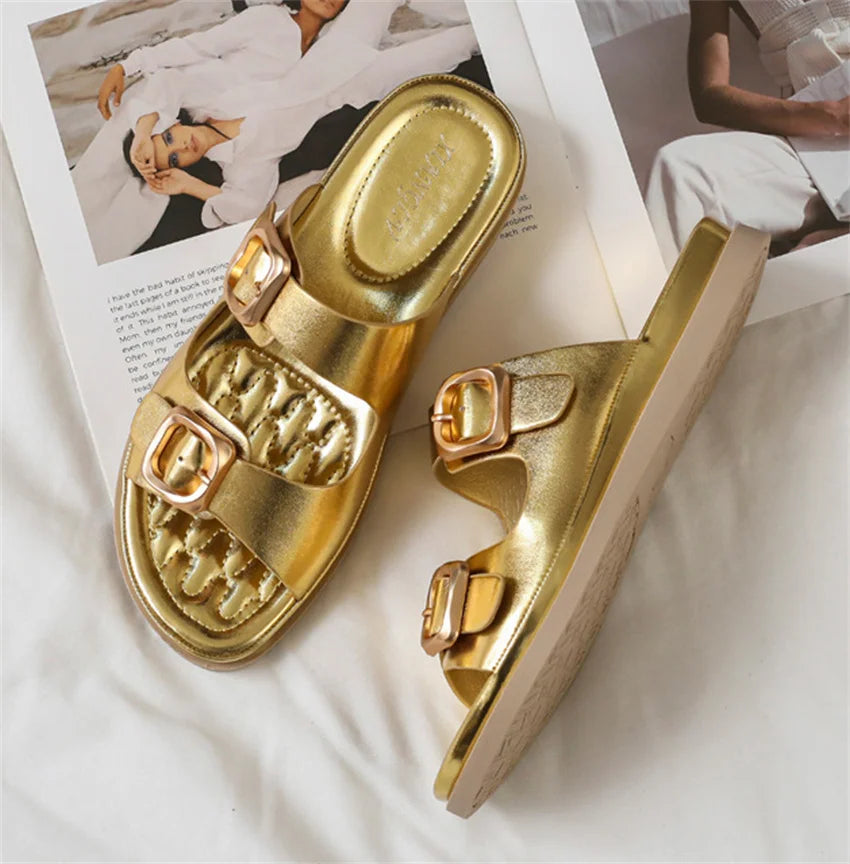 Casual Slippers Women PU Leather Open Toe Double Buckle Flat Summer Outdoors Non-Slip Soft Soles Slip On Beach Footwear Slippers