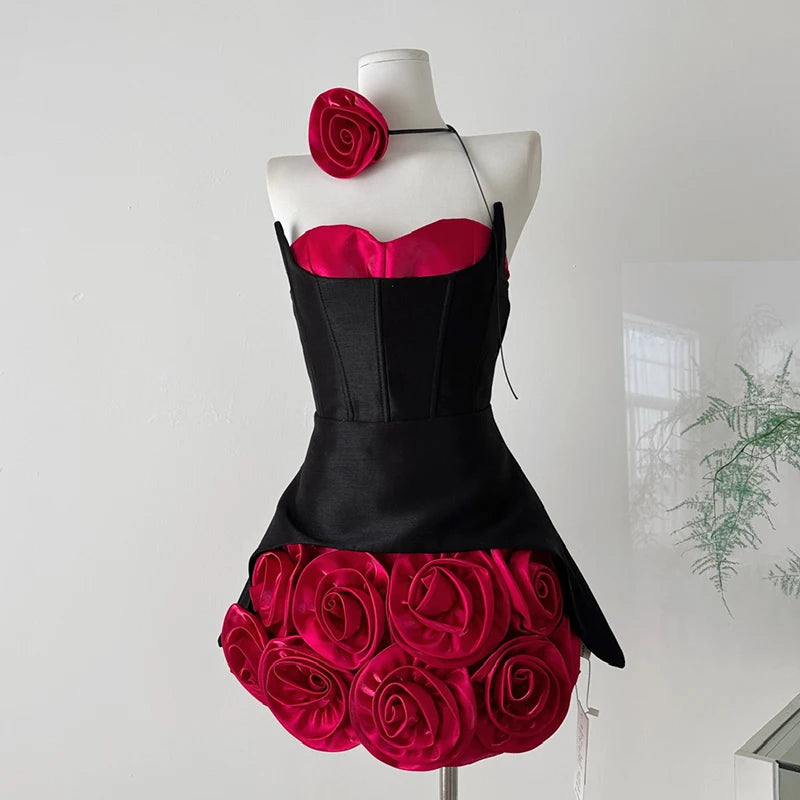 Women's Sweet Slash Neck Sleeveless Slim Waist Short Mini Dress French Retro 3D Rose Birthday Dress Spicy Girl Floral Bud Dress