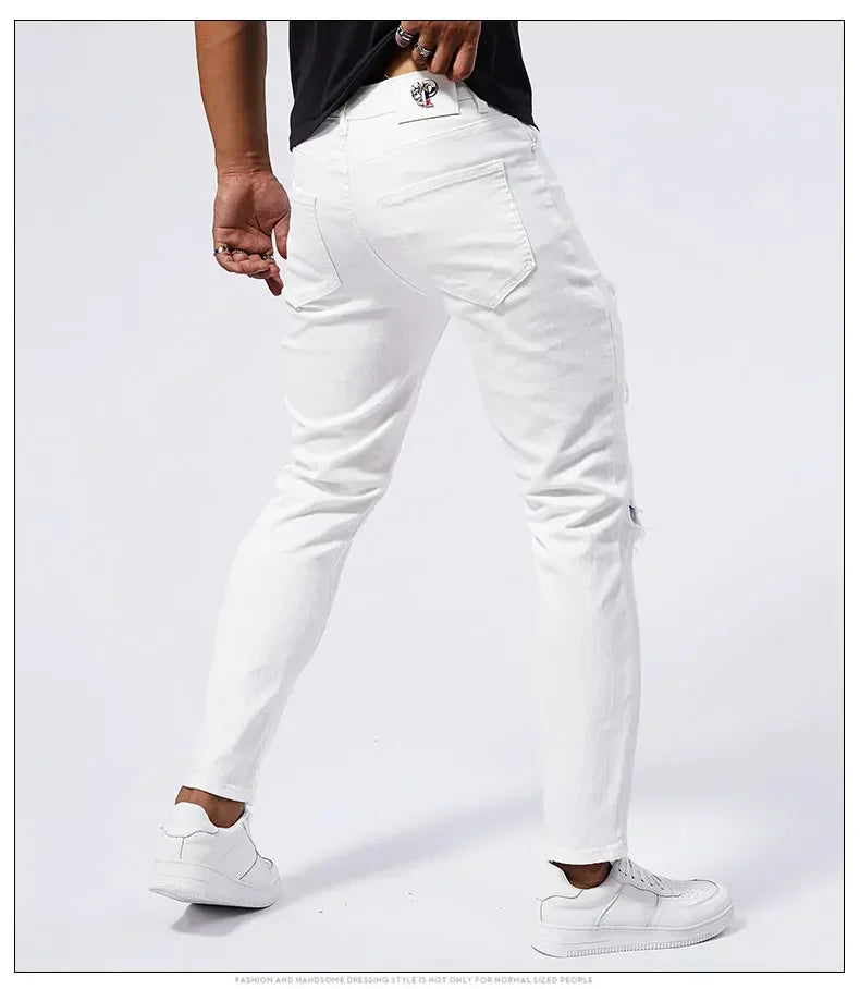 White 97% Cotton Jeans Men Clothing New Ripped Slim Patchwork Fashion Hole Skinny Elasticity Denim Trousers Male Streetwear