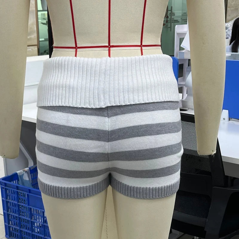 Women Striped Knitted Micro Shorts Folds Over Low Waist Elastic Waist Slim Fit Mini Bottom Pants Y2k Lounge Sweater Shorts