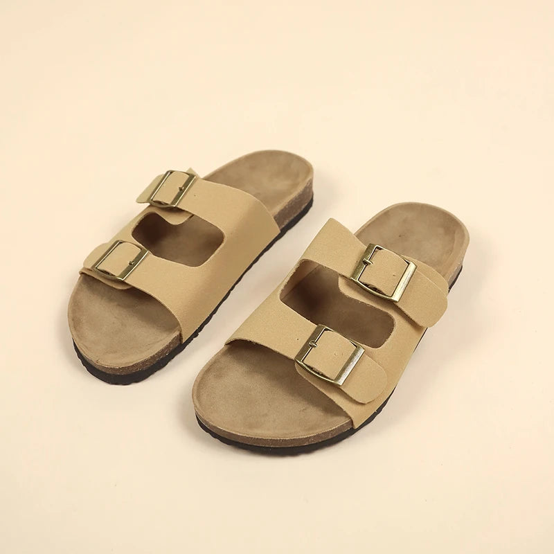 Women's Flat Outdoor Beach Casual Slippers Man Sliders Thick Sole Leather Cork Sole Sandals and Slippers