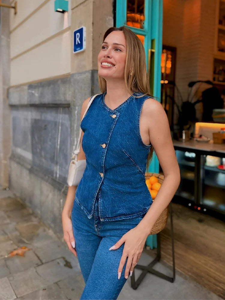 HH 2025 Summer Women Fashion Denim Trousers Set Solid Cropped Vest Top + Chain Lace Up Versatile Female Wide Leg Long Pant