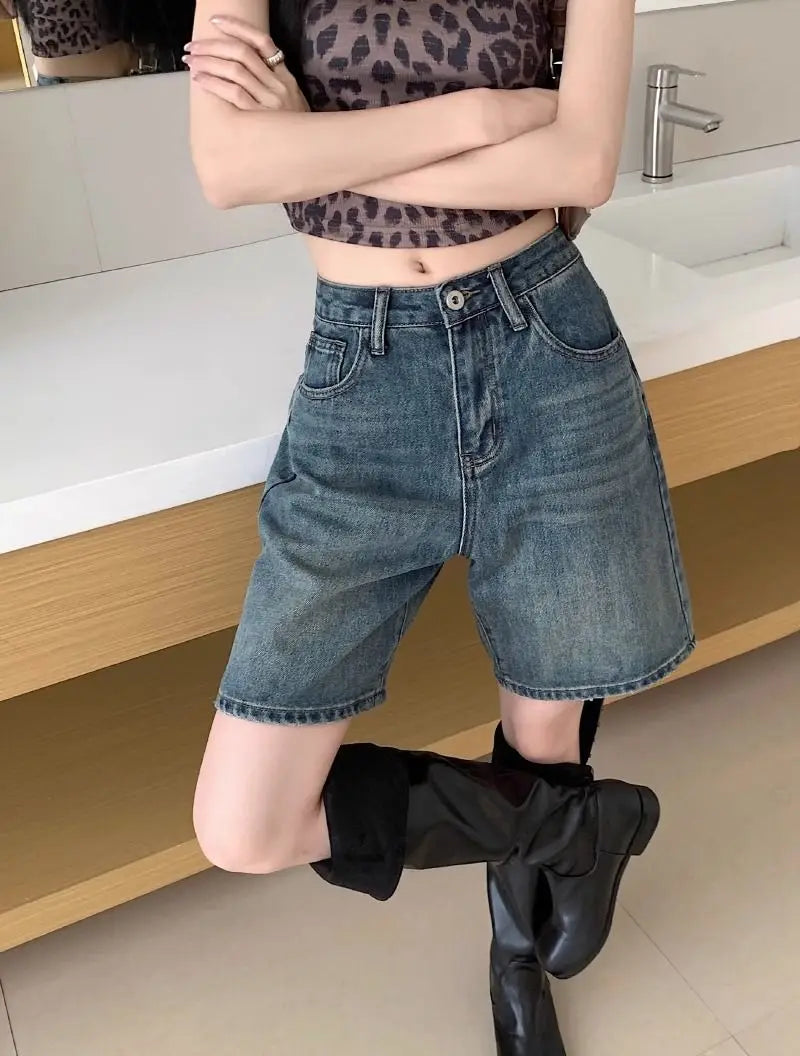 Denim Shorts Vintage High Waist Loose Fit Distressed Design Ins Style Sweet Spicy Girls All-match Casual Summer Streetwear Y2k