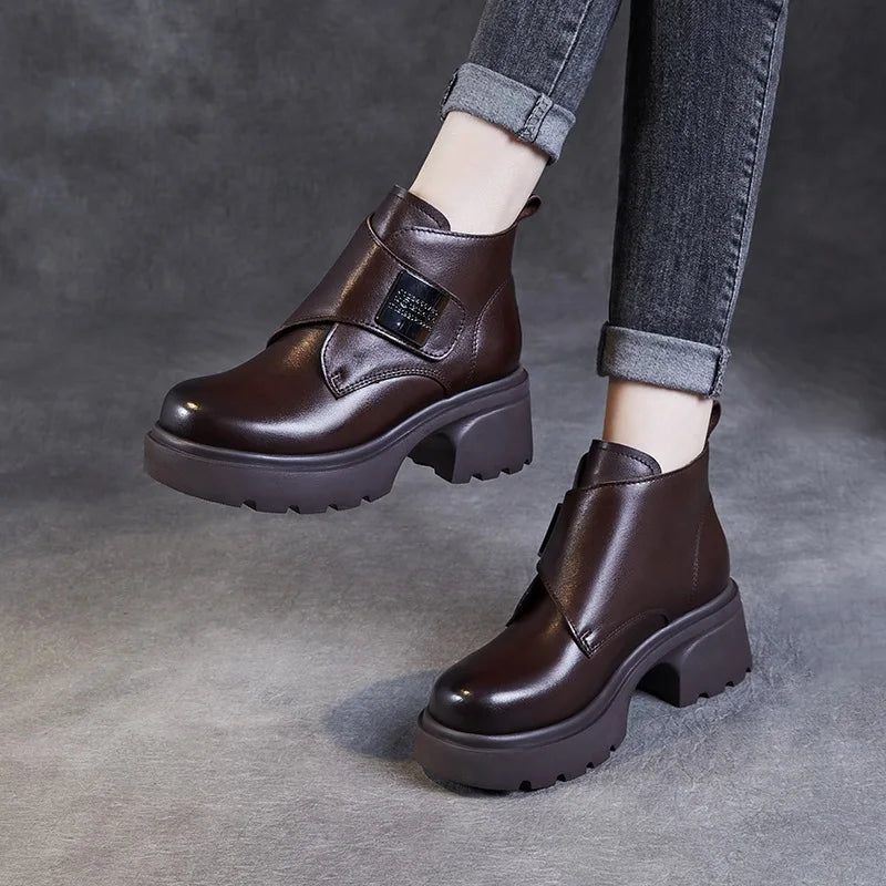 DRKANOL Wide Head Design Women Platform Boots Autumn Winter Warm Thick High Heel Hool And Loop Metal Genuine Leather Ankle Boots