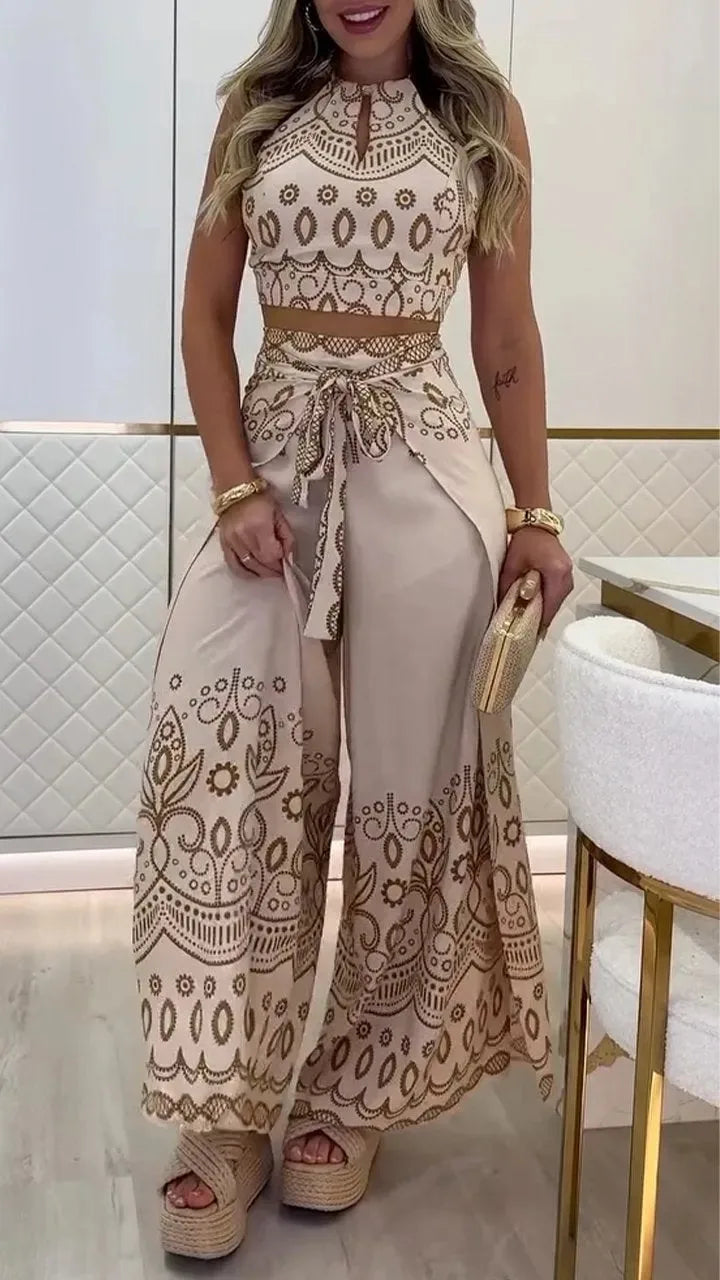 Women's Printed Sleeveless Top And Wide Leg Pants Two Piece Set Slimming Comfort Versatile Vacation Commute Ethnic Style Outfit