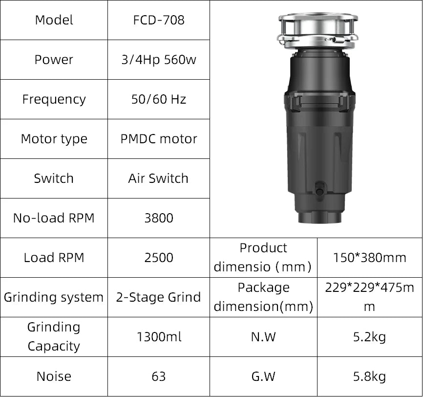 Customizable Switch Silent Design Continuous Stainless Steel Blade Electric 0.75 Multigrind Technology  Kitchen Waste