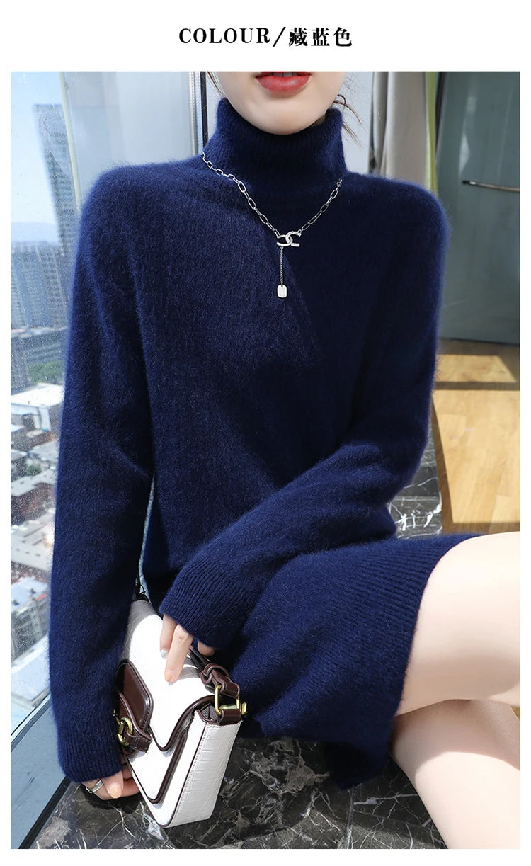 New Hot Selling 100% Mink Cashmere Knitted Women's High Neck Pullover Dress Sweater Slim Fit Solid Color Long Women's Dress