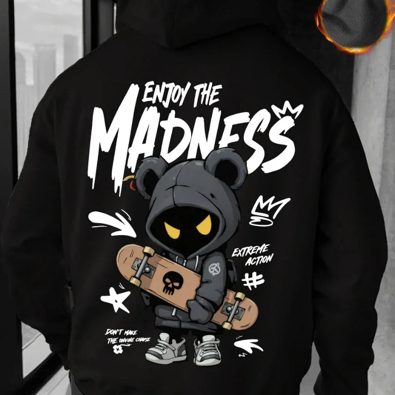 Men's Casual Street Hooded Sweatshirt with Hand-drawn Cartoon Portrait and Letter Pattern Print. Fall/Winter Hooded Shirt.