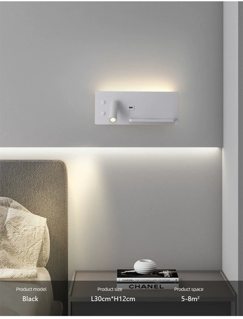 Modern LED Wall Lamp with Wireless Charger Simple Creative USB Interface Night Light Suitable for Living Room Bedroom Study