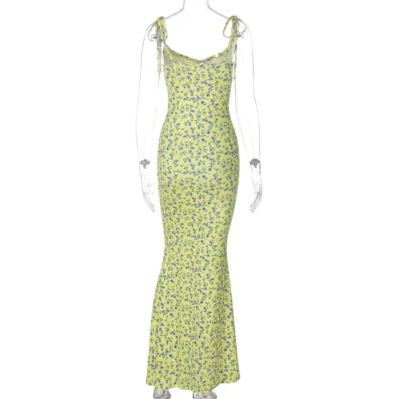 Hugcitar Floral Print Sleeveless Backless Slips Lace Up Maxi Dress Sexy Bodycon Summer Elegant Outfits Holiday Party Wholesale