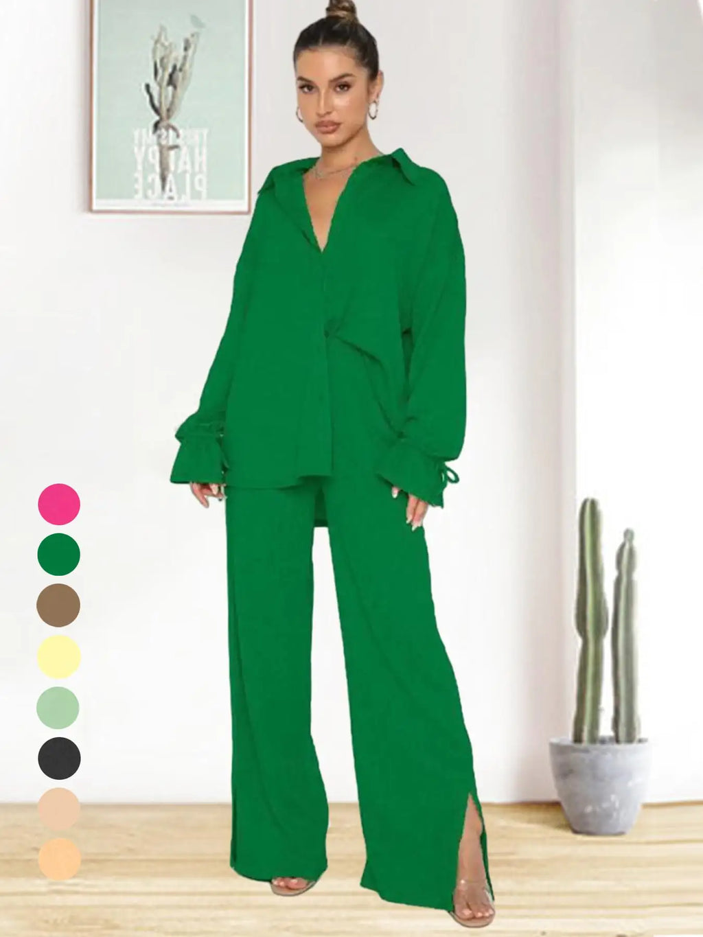 2026 SPRING SUMMER WOMEN'S SOLID COLOR TWO-PIECE SET, RUFFLE SLEEVE SHIRT MATCHED WITH SLIT PANTS, COMFY OUTFIT FOR DAILY CASUAL