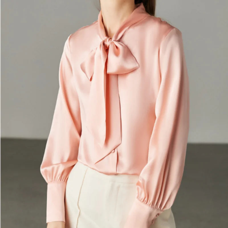 Birdtree,19MM 100%  Silk Blouse,Women Plain Satin Bow Tops,Single Breasted,French Syle Solid Shirt,2025 New T5D904JF