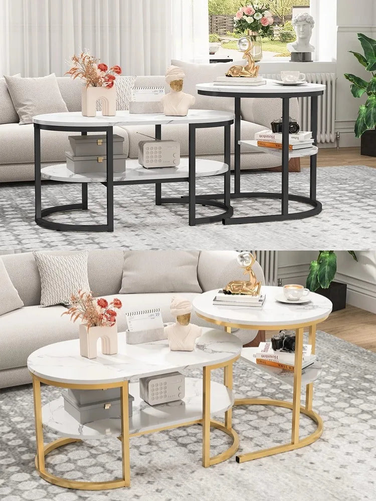 Creahappy - Set of 2 Modern Coffee Table, Stackable Elegant Coffee Table with Storage, Modern Living Room Furniture