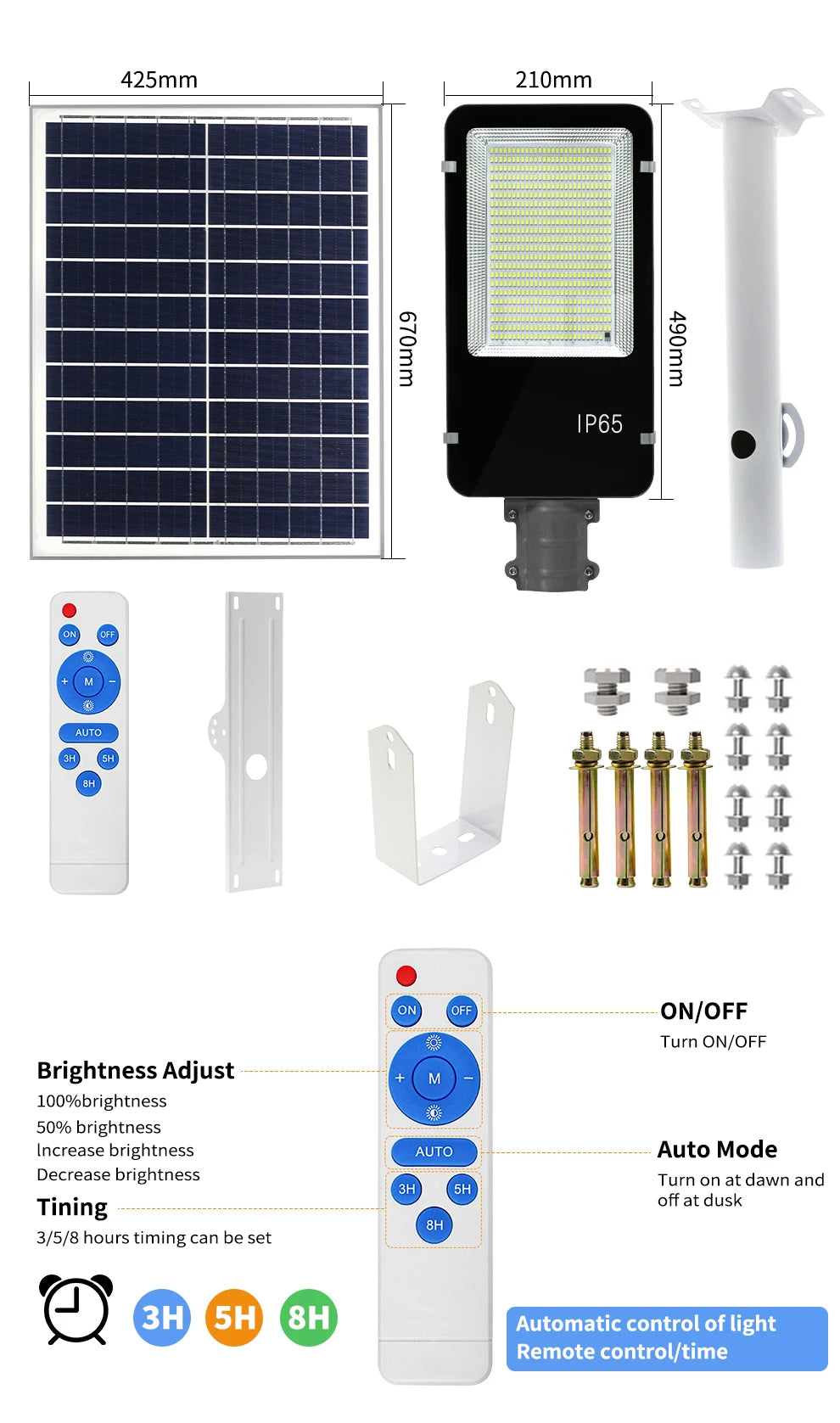 300W Solar Street Light Outdoor Super Bright High-efficial Solar Panel Remote Control Street Light IP67 Waterproof