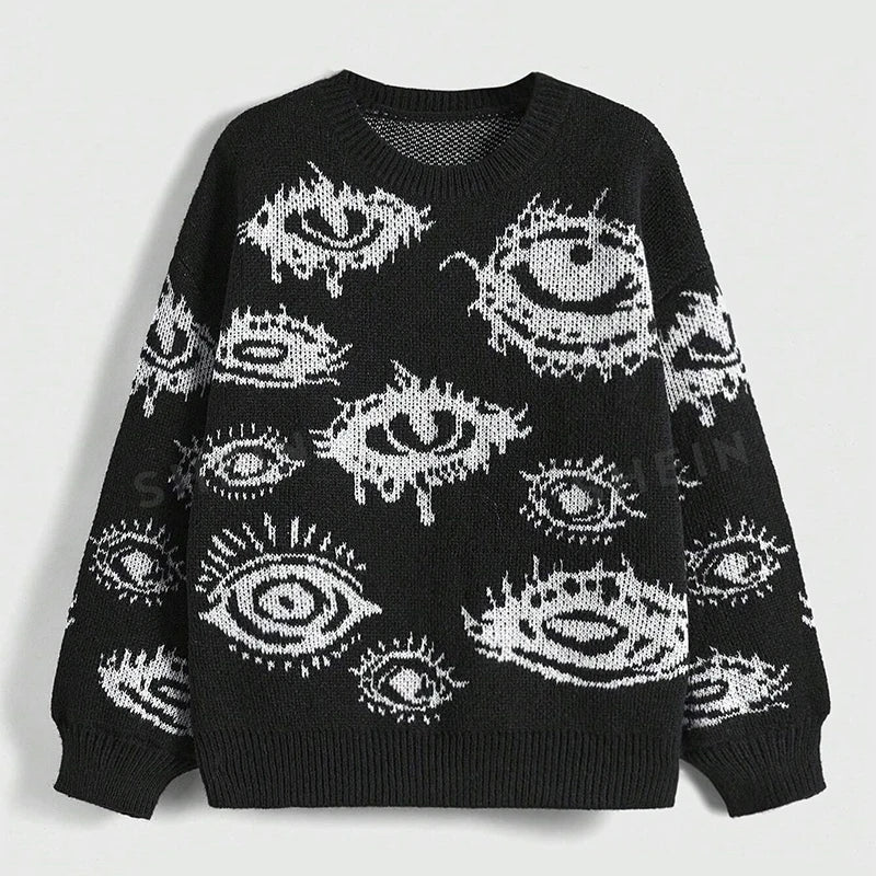 Y2K Eyes Crochet Knitted Sweaters Mens Vintage Crew Neck Long Sleeve Knit Jumper Top Men Spring Autumn Casual Loose Sweater Male