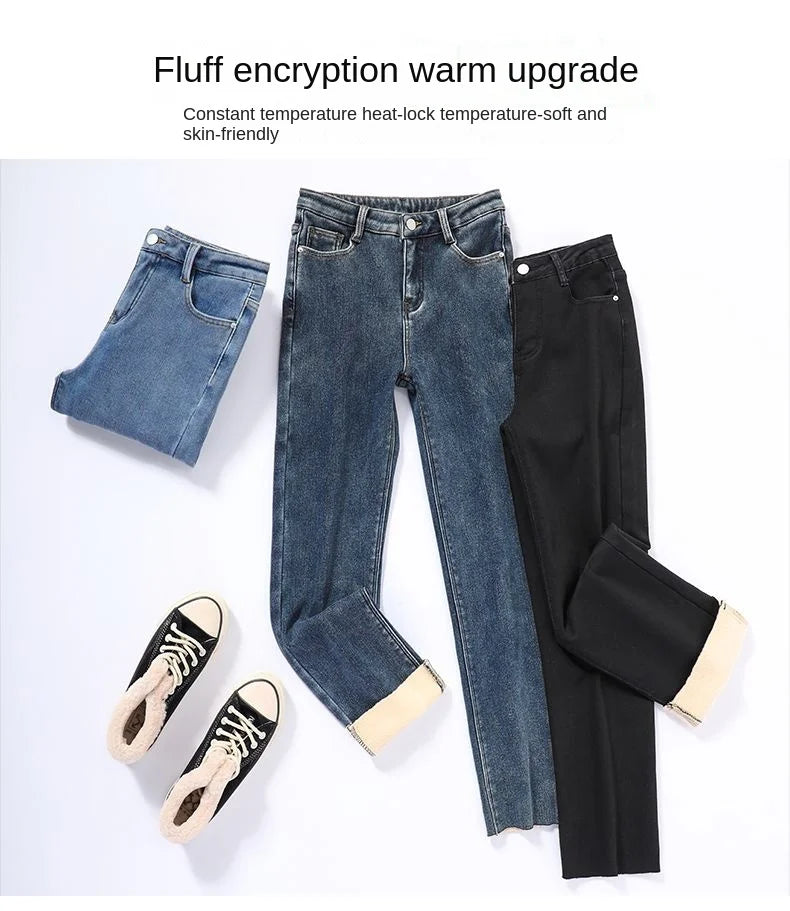Womens Jeans Fleece Lined Thickened Winter Warm Straight Leg Loose Fit High Waist Slimming Trousers Y2k Clothes Y2k Jeans