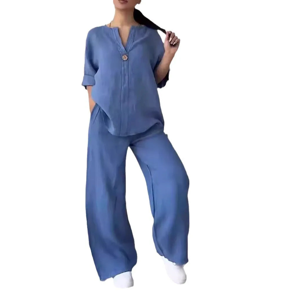 Fashion Solid 2 Piece Pant Sets Women Spring Autumn Buttons V-neck Long Sleeve T Shirt Wide Legs Trousers Two Piece Set Female