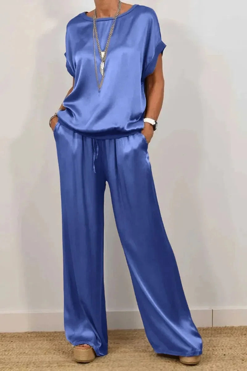 Spring Summer Fashion Solid Smooth Satin Two Piece Sets New Women's O-neck Short Sleeve Top + Wide Leg Pant Casual Loose Set
