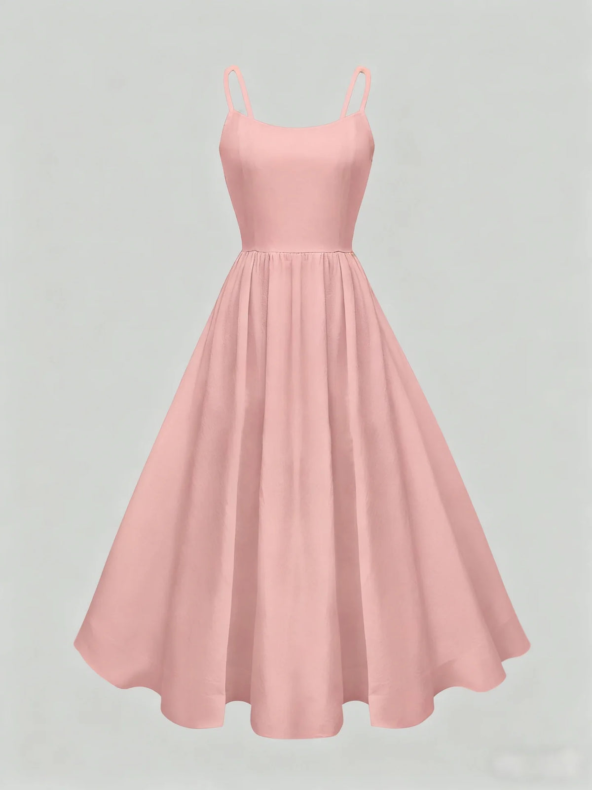 French Solid Spaghetti Strap U-Neck Gathered Waist Swing Midi Dress, High Waist Hip-Cover Slimming Vacation Cami Dress