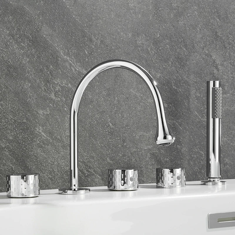 Gray Luxury Brass Deck-Mounted 5-Holes Bathroom Bath Tub Rotating Faucet Mixer Bathtub Basin Water Tap With Spray 3 Handles
