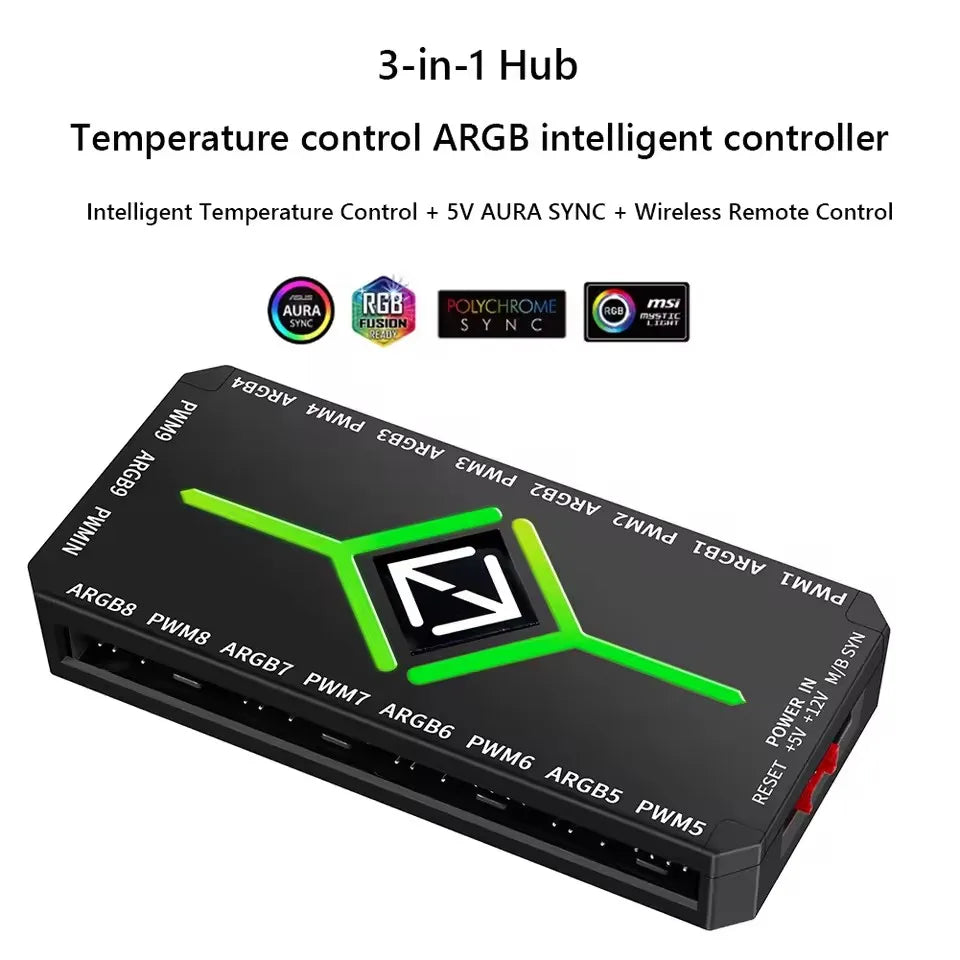ICE Whale K9 1 to 9 PWM&ARGB Case Fan Hub SATA Power Interface Splitter 4Pin PWM 3Pin Addressable ARGB With Remote Control