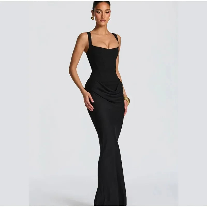 Women Sexy Square-neck Halter Mini Dress 2025 Pleated Sleeveless Backless High Waist Bodycon Dresses New Summer Lady Party Gowns