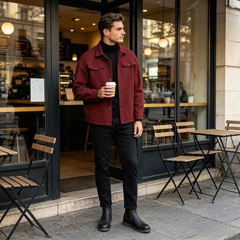 Men Loose Short Shacket Soft Brushed Fabric Autumn Winter Business Daily Casual Fake Decor Chest Flap Lapel Fashion Outer Jacket