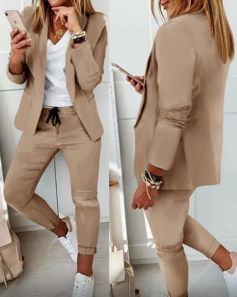 2024 Women's Two Piece Pant Suit Set Outfits Spring Autumn Turn Down Print Blazer Coat Drawstring Pants Suit Women Casual Sets