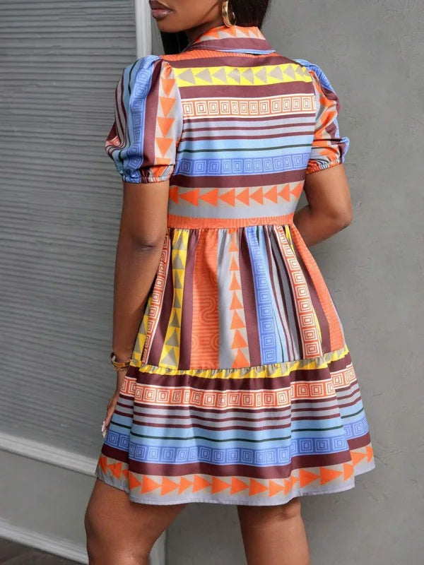 Fashionable Ethnic Print Stand Collar 3/4 Sleeve Dress Women's Cleanfit Loose Waist Polyester Cotton Blend Bell Sleeve Dress