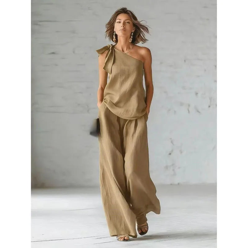 2026 Summer Sexy Off Shoulder Tank Tops Wide Leg Pants Two Piece Sets Casual Loose Solid High Waist Pants Sets Lace Tops Outfits