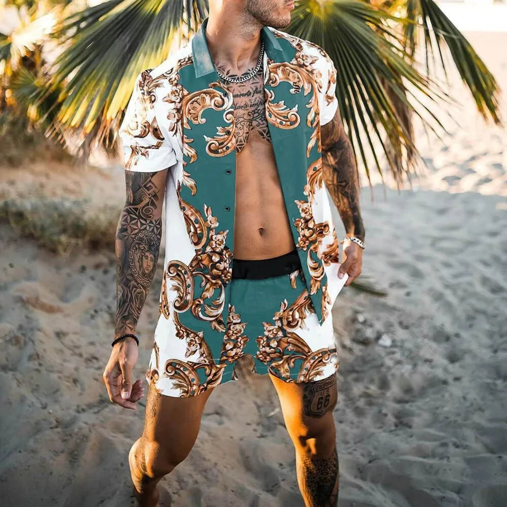2024 Summer Men's Fashion Leopard Print Short Sleeve Shirt And Shorts Set Beach Style T Shirt Breathable Shorts Two Piece Set