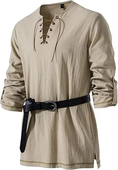 Men Medieval Lace Up Linen Long Sleeve Tunic Viking Pirate Renaissance Cosplay Shirt With Vintage Embossed Leather Belt