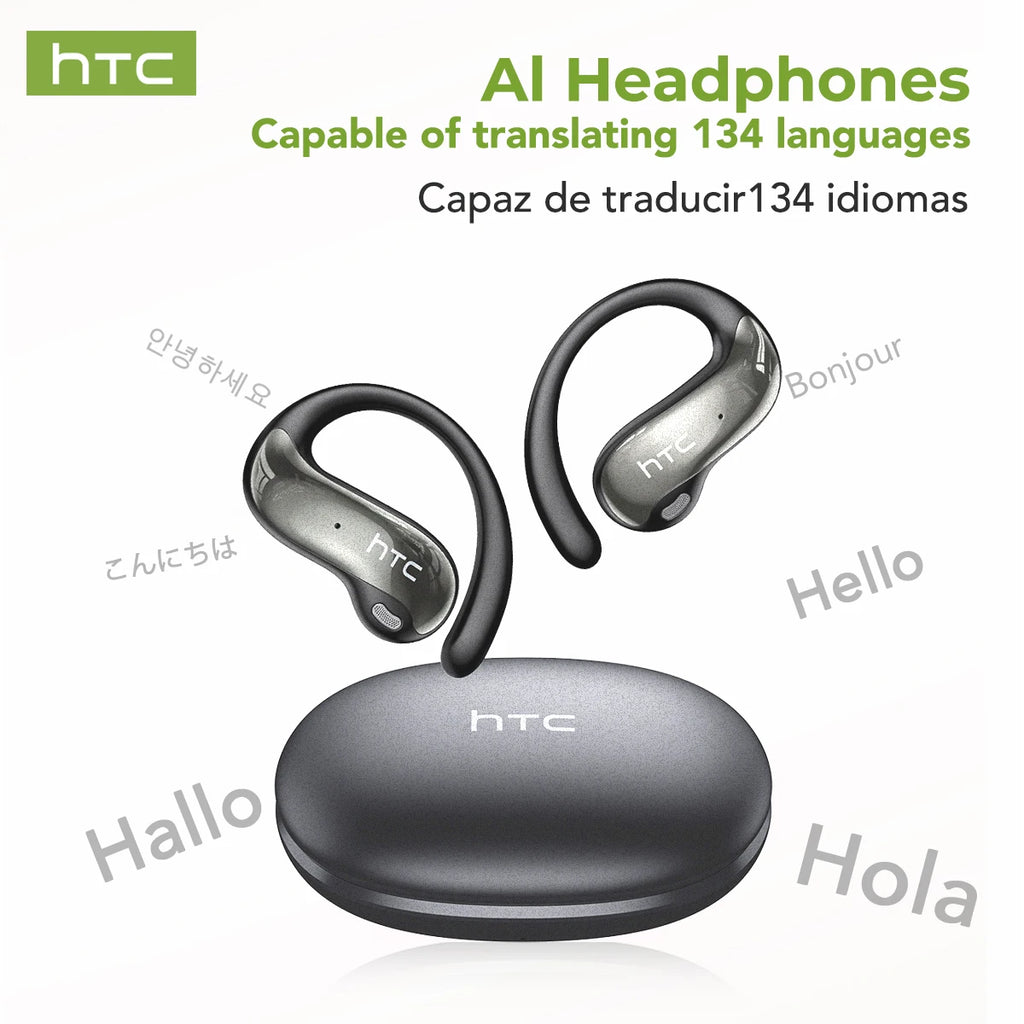 HTC NE19 Bluetooth Earphones AI OWS Sports Wireless Headphones with Mic Powerful Bass AI Translator Earbuds Waterproof Long Life